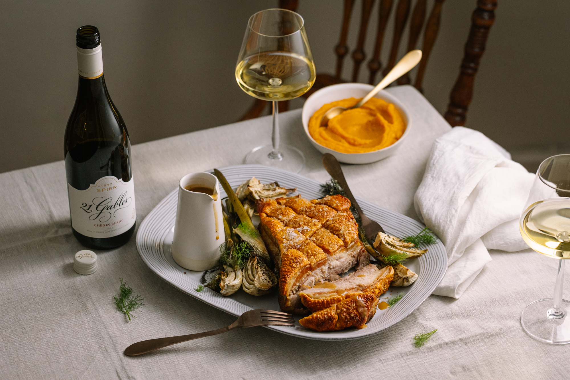 Recipe 21 Gables Chenin Blanc with Fennel Roasted Pork Belly and Crispy Crackling